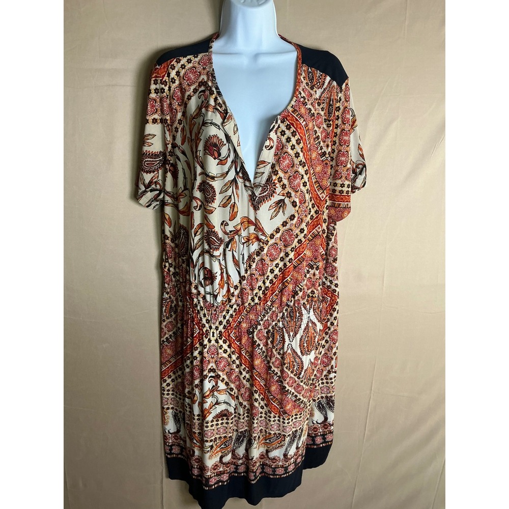 En Focus Women Dress Womens 18W Orange Paisley‎ Excellent Smocked Waist V-Neck